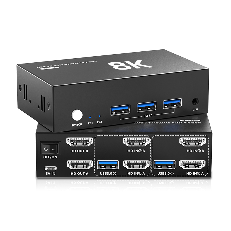 USB3.0 KVM Switch 2 Port HDMI 8K@60Hz Dual KVM Switch 1 Monitors 2 Computers with 3 USB3.0 Ports Sup